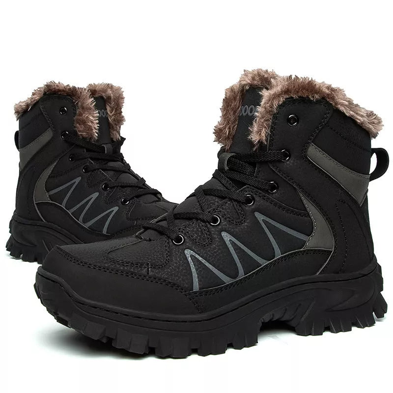 Men's plus size warm high top outdoor cotton shoes in black and dark brown