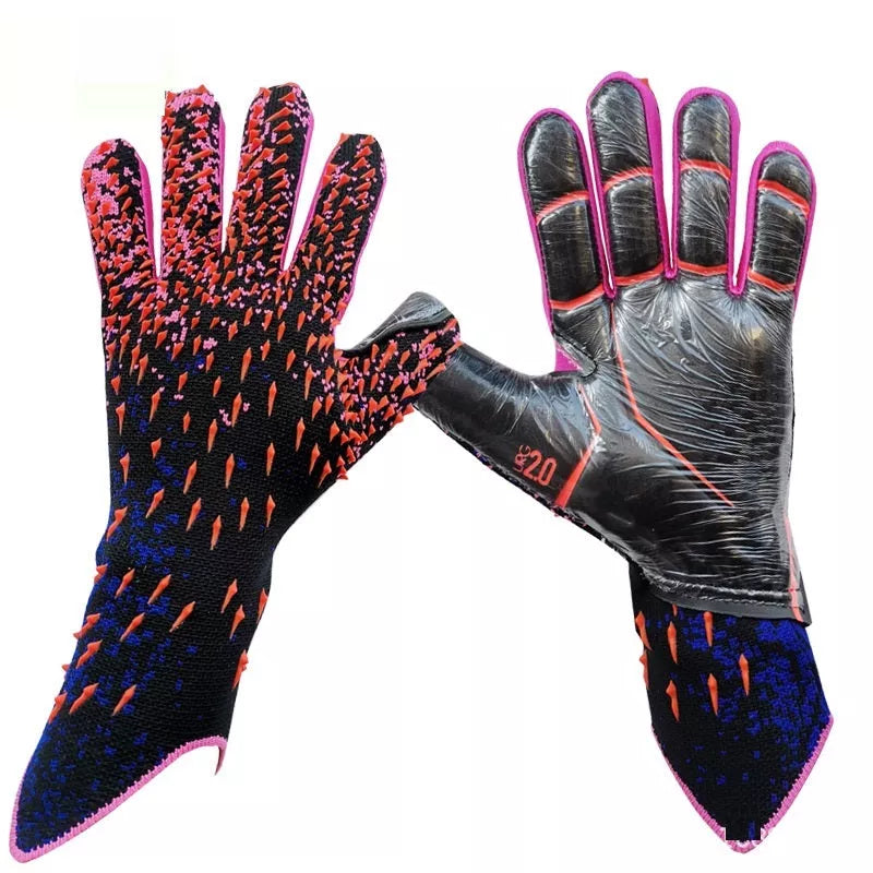 Kids Football Goalkeeper Gloves in red, green, black, and orange colors, sizes 6-10