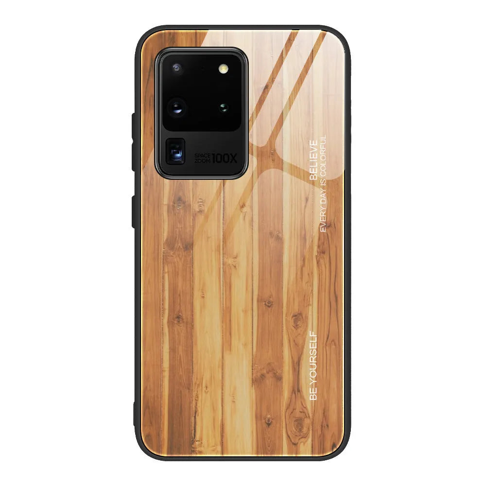 Wood grain tempered glass back cover phone case for Samsung Galaxy, simple style, colours M01 to M06