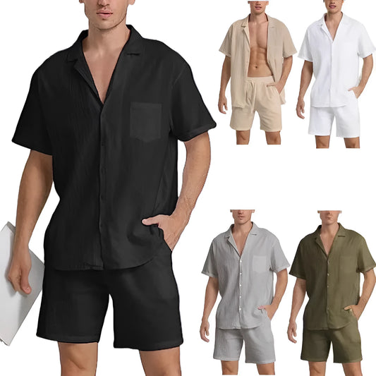 Men's light grey flax linen short-sleeved top and shorts summer sports suit