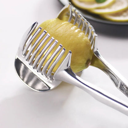 Silver plastic folding lemon slicer kitchen tool for fruit and vegetable preparation