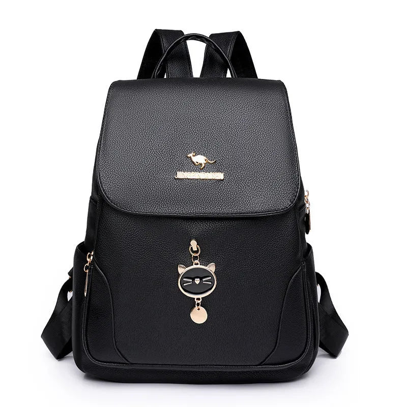 Casual black PU leather women's backpack with a three-dimensional front pocket and street style design.