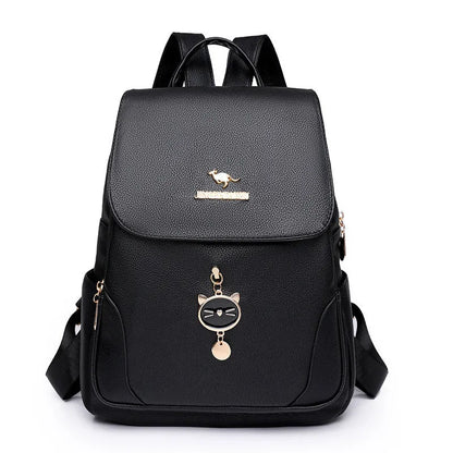 Casual black PU leather women's backpack with a three-dimensional front pocket and street style design.