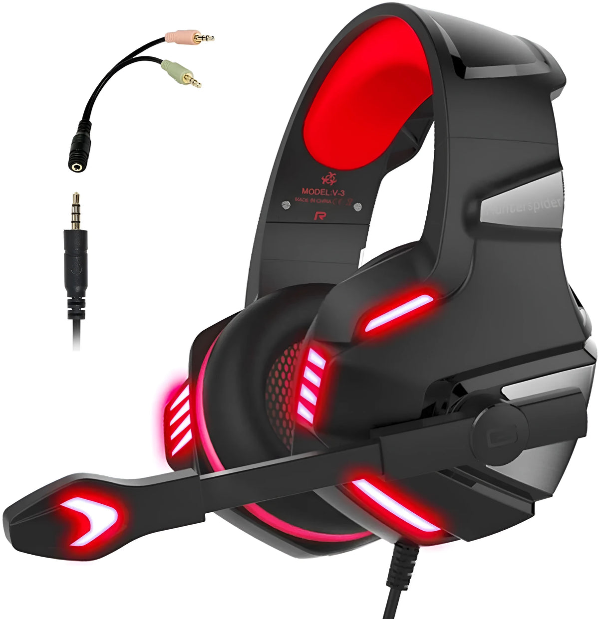 Inzhuo V3 wired over-ear gaming headset with 50mm speakers, 3.5mm plug, braided cable, black blue and black red colours