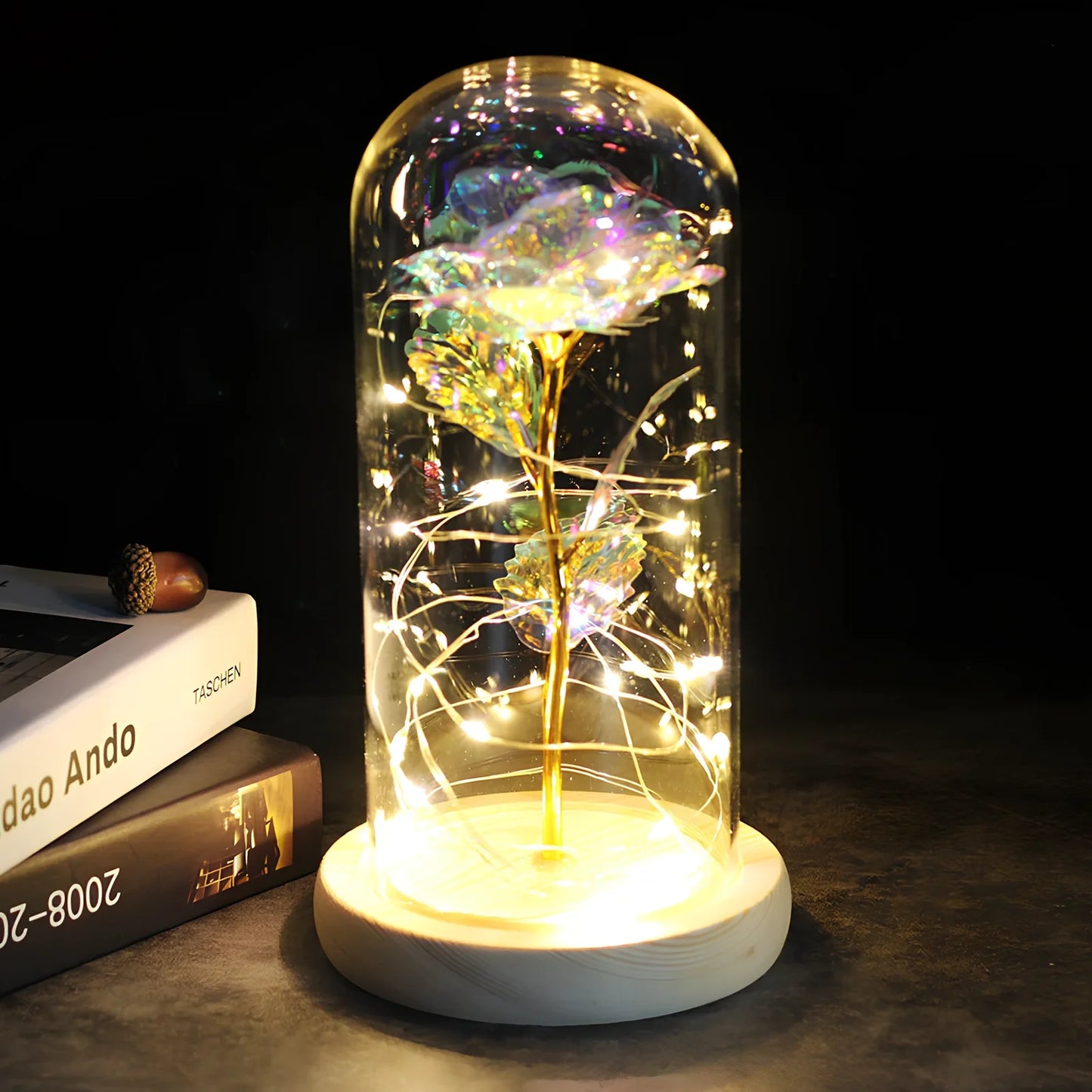 Little Prince rose arrangement under 20x9cm glass dome with gold foil flowers