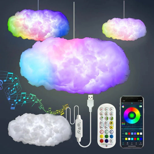 Magical cloud-shaped lighting fixture with color-changing LED lights and wireless music sync capability