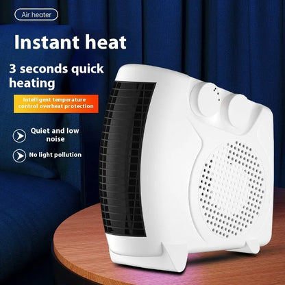 Small white electric heater on desktop with compact dimensions for home or office use