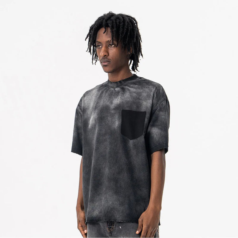 Men's cotton short-sleeved t-shirt from American fashion brand in washed fabric, loose street fashion pullover with letter print, available in black in medium, large, and extra-large sizes for adult summer leisure wear.