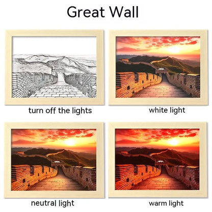 USB-powered LED picture frame night light displaying landscape artwork in modern plastic frame