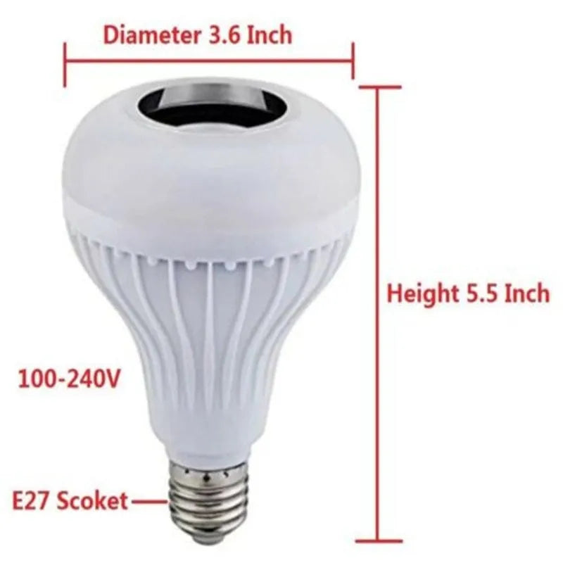 White E27 Bluetooth smart LED bulb with built-in speaker and remote control for colour-changing lighting.