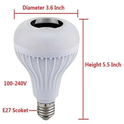 White E27 Bluetooth smart LED bulb with built-in speaker and remote control for colour-changing lighting.