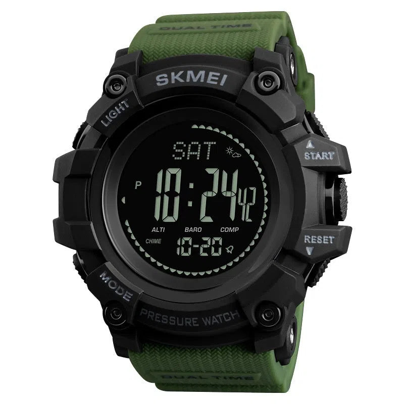Outdoor sports calendar compass watch with 53mm round dial, metal case, plastic strap, in red, blue, black or Army Green