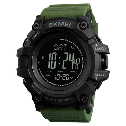 Outdoor sports calendar compass watch with 53mm round dial, metal case, plastic strap, in red, blue, black or Army Green