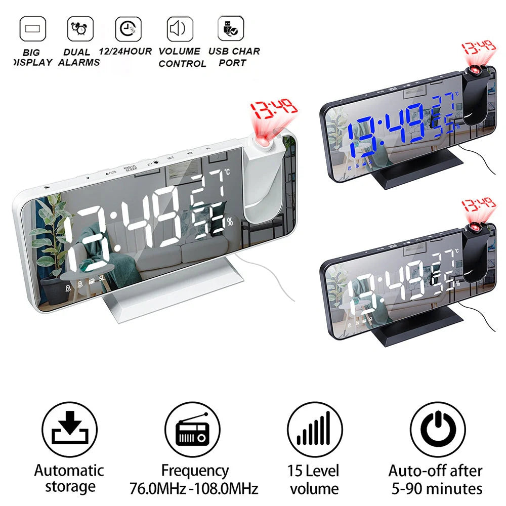 Multifunctional Radio Projection Alarm Clock with adjustable brightness and USB charging port