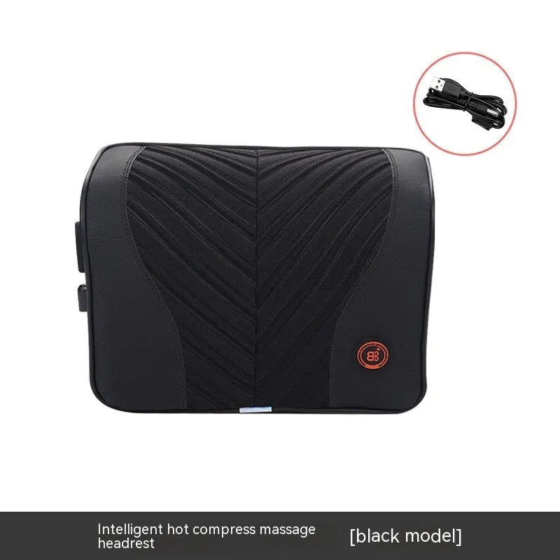 Black and orange electric massage heating car headrest and lumbar support cushion on a vehicle seat.