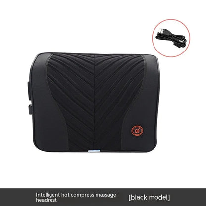 Black and orange electric massage heating car headrest and lumbar support cushion on a vehicle seat.