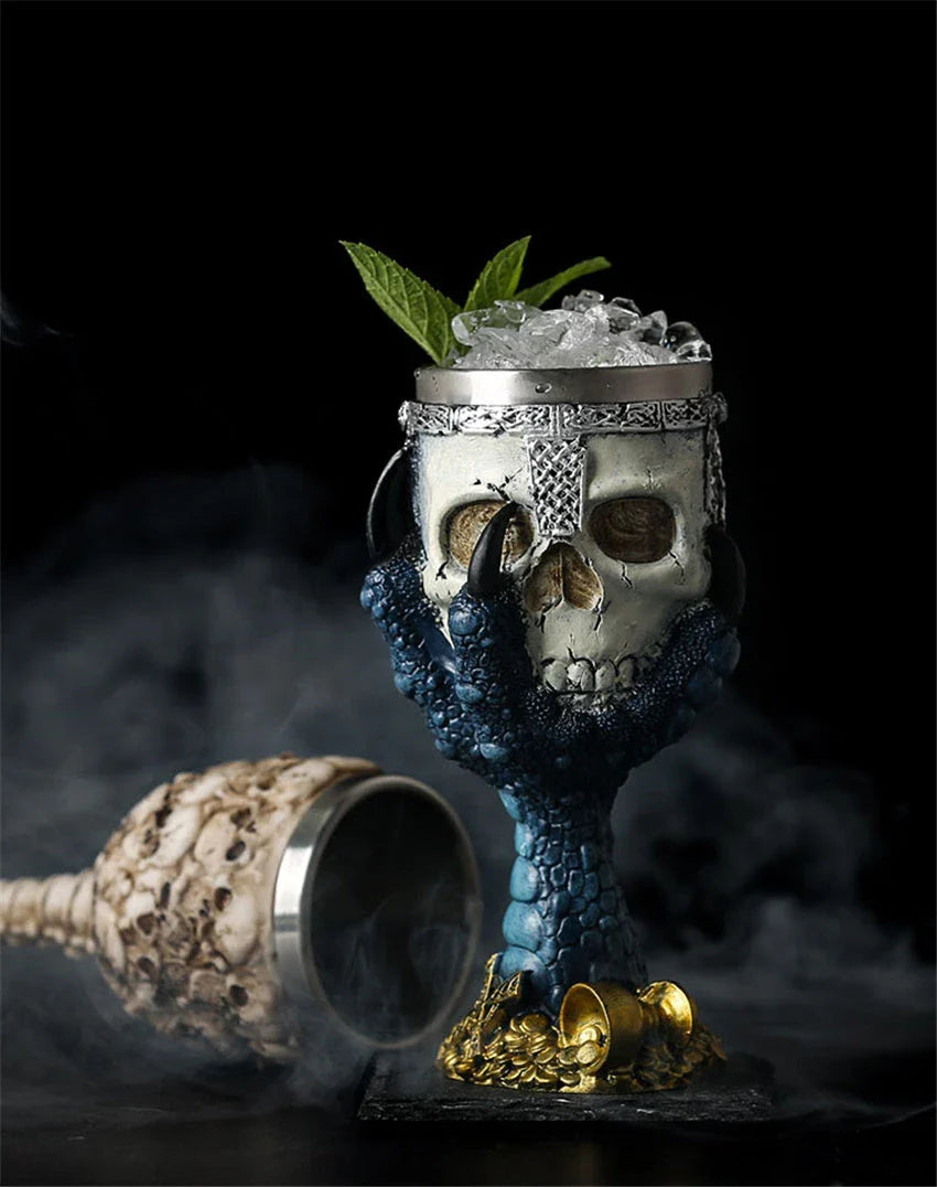 Chilling skull-themed wine goblet with a 3D skull design, made from premium resin and stainless steel for long-lasting durability and visual impact.