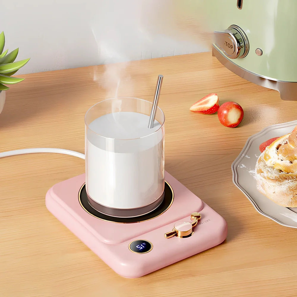 Desktop digital display warming pad with white plated collage surface showing temperature status