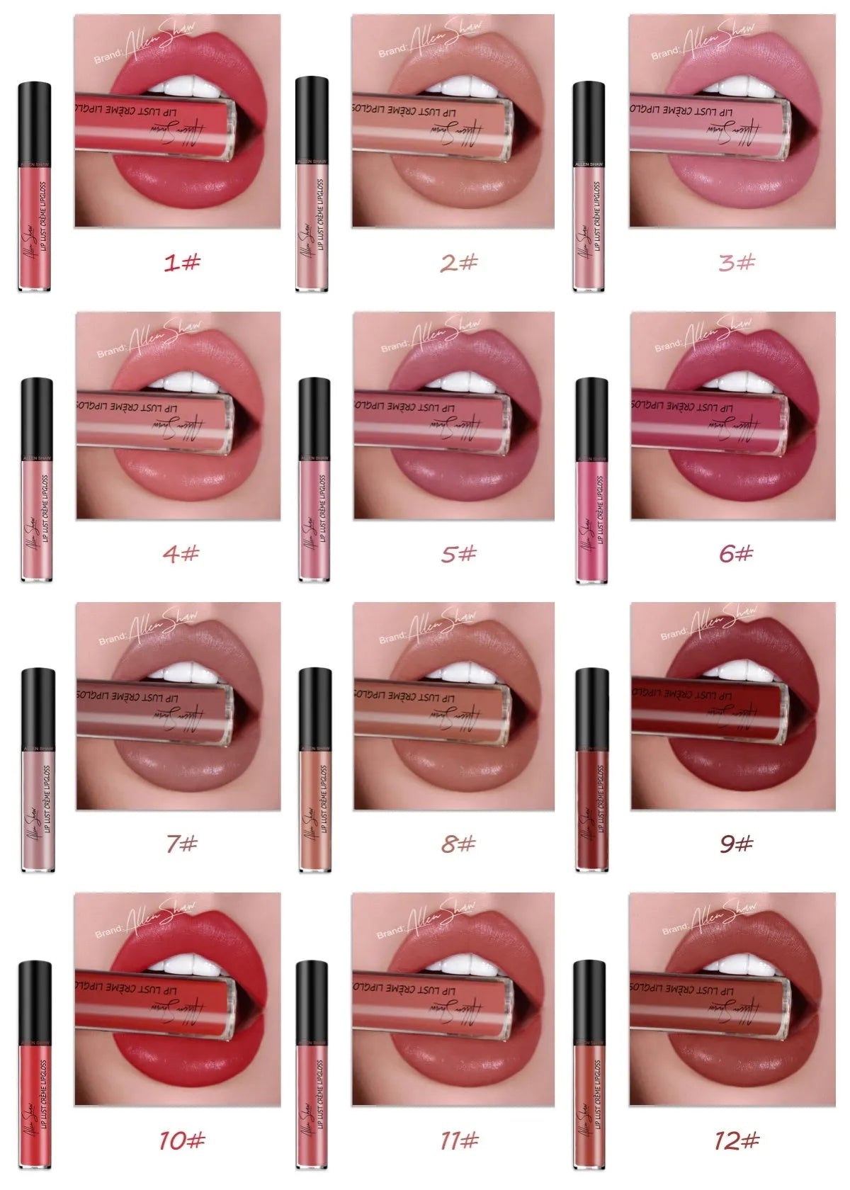 Silky cream texture lip gloss tube in various colour options from single to 12-piece set.