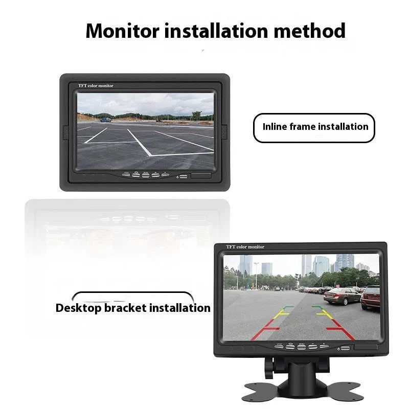 7-inch car monitor and reversing display with camera and video cable, TFT screen, ABS housing, desktop or rearview mirror fitting.