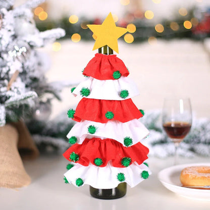 Christmas wine bottle cover with pentagram and fluffy ball decoration in red and green
