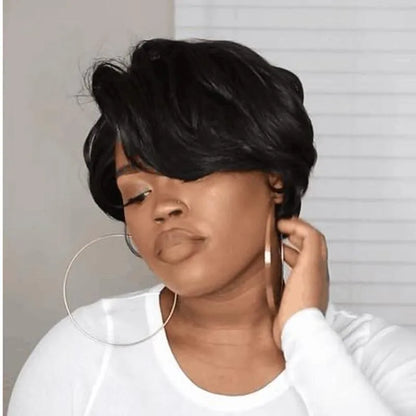 Black short bob lace frontal wig made from high temperature wire, shown as a heat-resistant synthetic hairpiece.