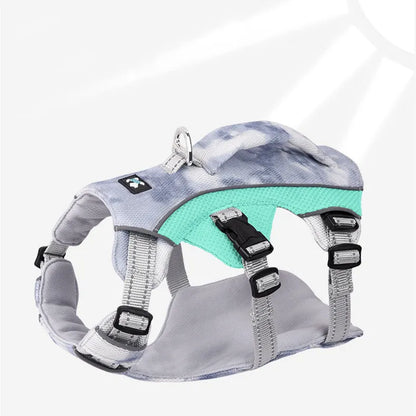 Reflective pet cooling chest strap in light blue, adjustable for dogs, with reflective strips for safety.
