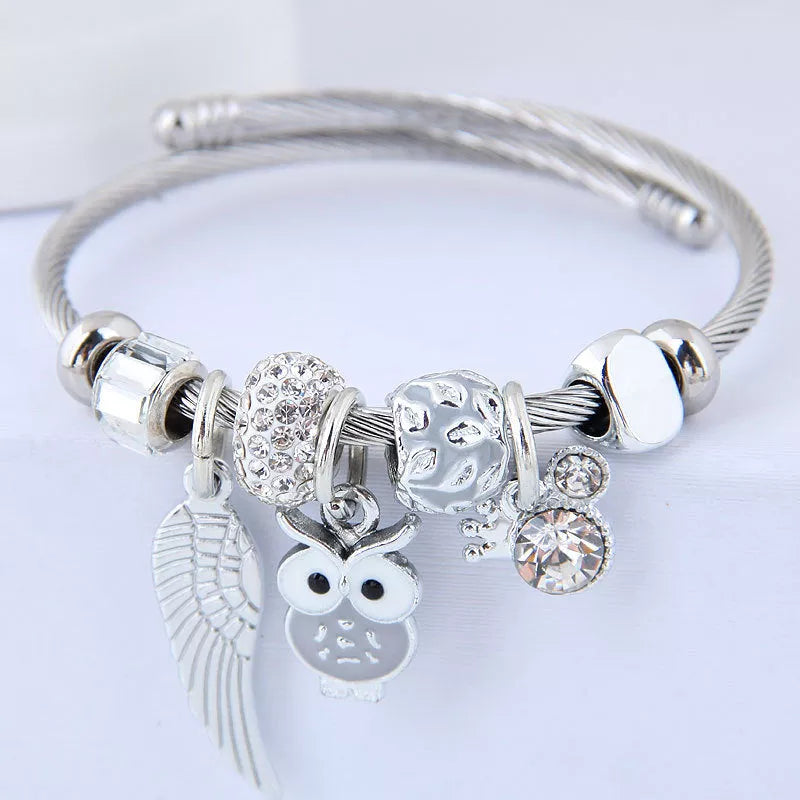 DIY Beaded Owl Angel Wings Pendant Stainless Steel Bracelet with rhinestone accents