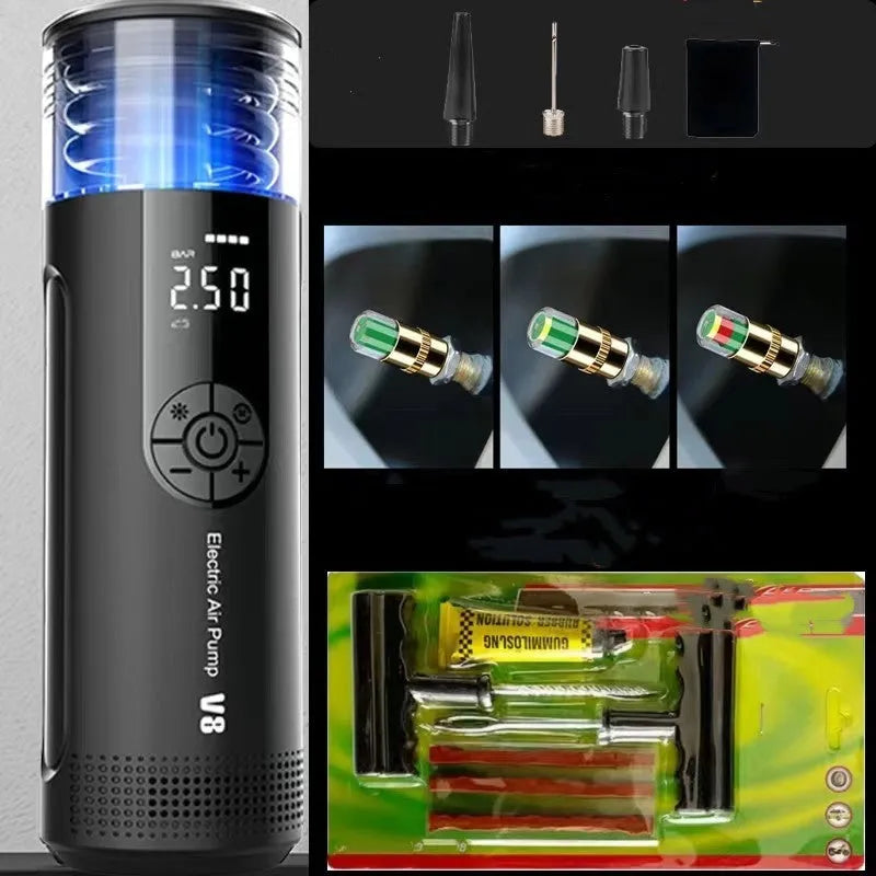 CS-V8 black digital electric tyre inflator with LED screen, connected to a car tyre valve.