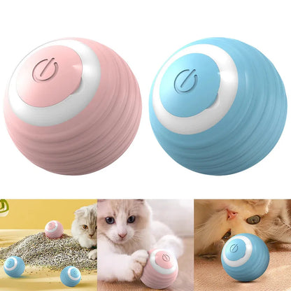 Blue automatic cat toy ball bouncing on floor with silicone construction and rechargeable design