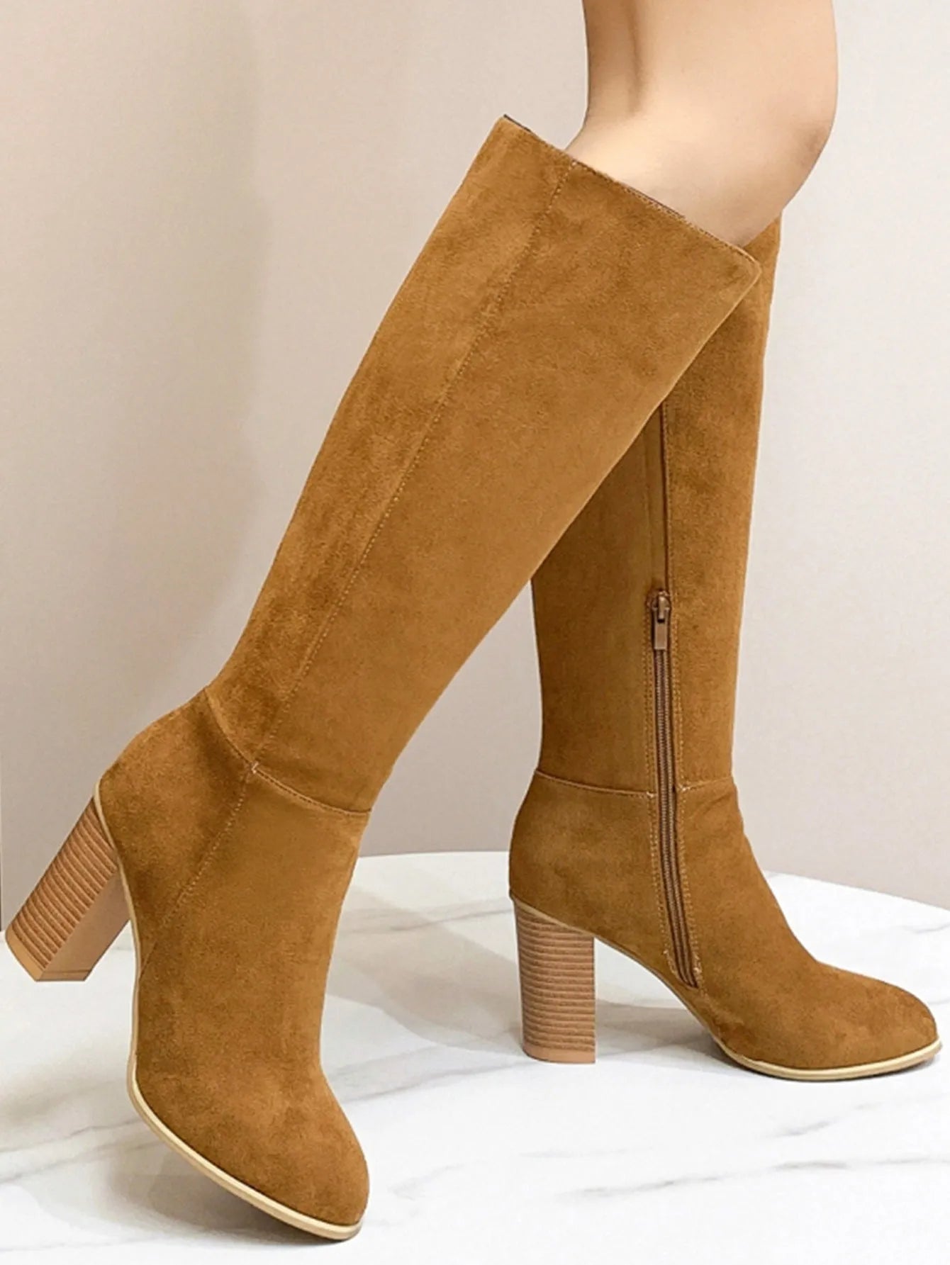 Women's square toe high heel boots in artificial PU material with block heel