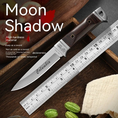Camping fruit knife with stainless steel blade and brown leather sheath on a wooden surface
