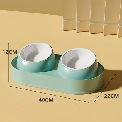 White elevated pet double bowl feeder with tilted food and water bowls on a non-slip stand.
