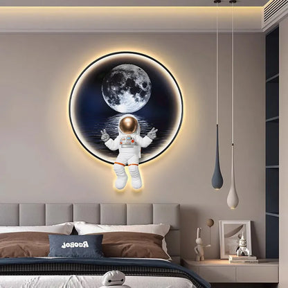Spaceman astronaut themed canvas wall painting with optional LED lights for a child's bedroom