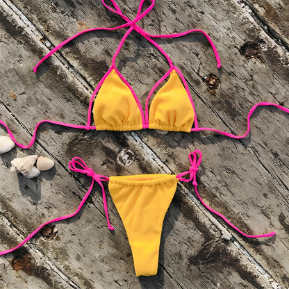 Ladies yellow nylon bikini swimwear with split bottoms and chest pad for beach wading, Asian sizes S M L