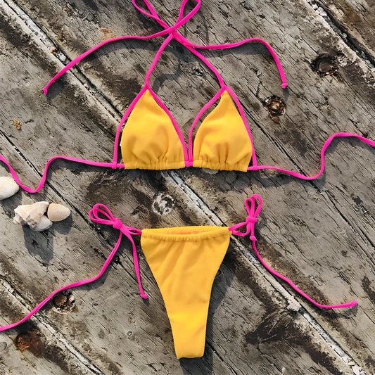 Ladies yellow nylon bikini swimwear with split bottoms and chest pad for beach wading, Asian sizes S M L