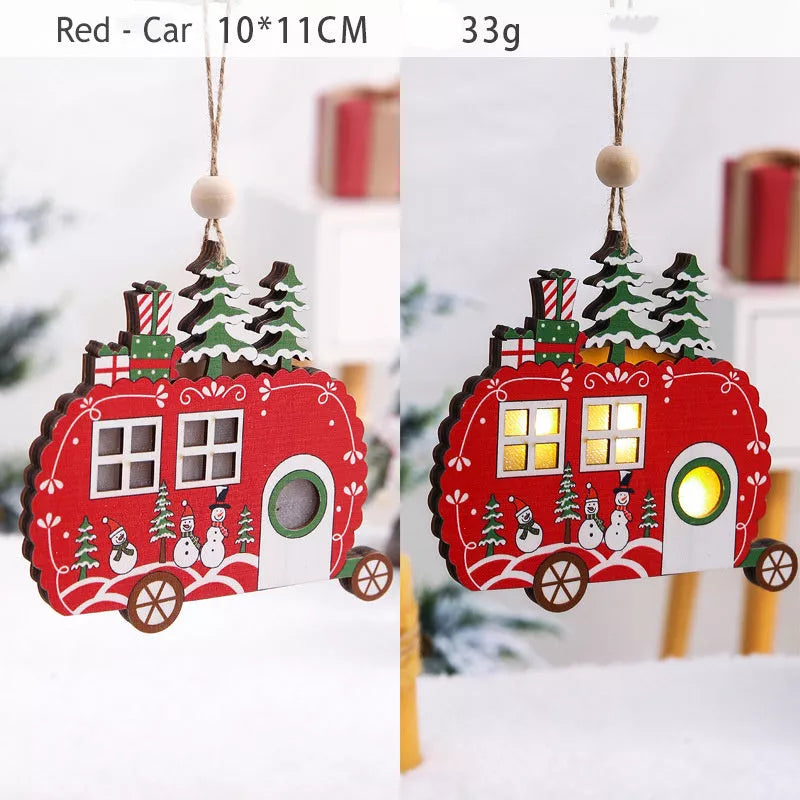 Handmade LED light wooden hanging pendants for Christmas decor in various designs