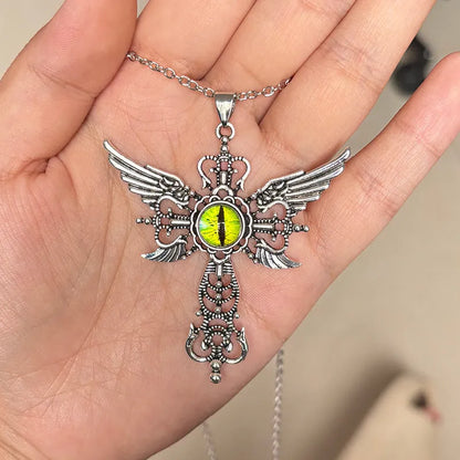Geometric devil wings cross pendant necklace in alloy with blue, green, purple, red, and yellow colour options
