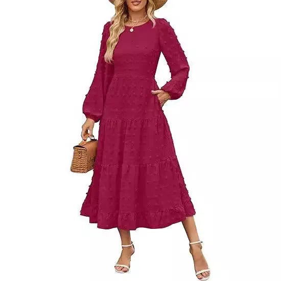 Autumn long sleeve dress with ruffled sleeves and high waist design in various colour options