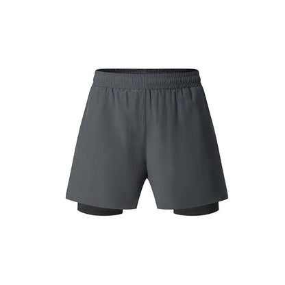 Men's black double-layer sports shorts with spandex liner for running and fitness activities