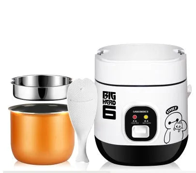Compact round rice cooker with steam pan, non-stick inner pot, and mechanical dial, sized 160mm x 160mm x 190mm.