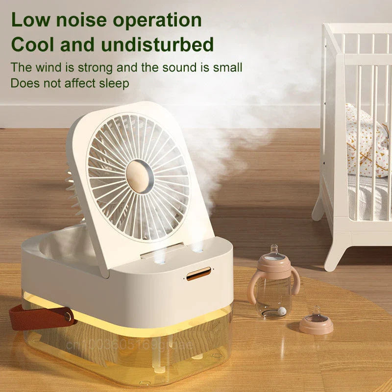 Dual-function cooling and humidifying fan with night light, featuring a sleek design, remote control, and adjustable settings for maximum comfort and relaxation.
