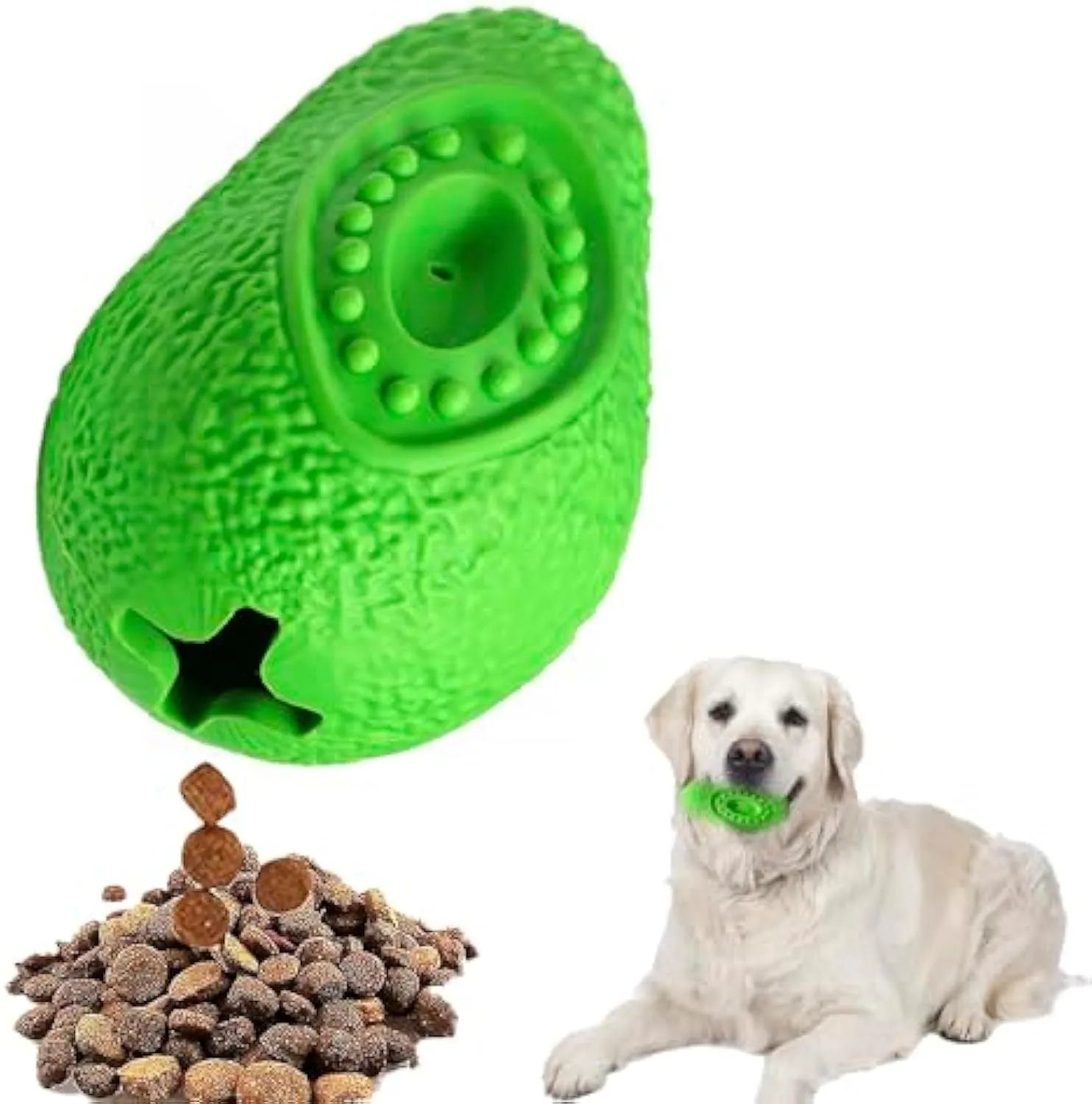 Green avocado-shaped natural rubber dog chew toy with textured surface for teeth cleaning