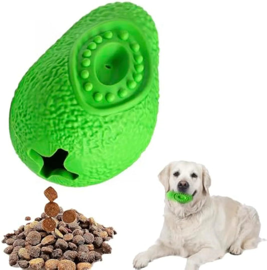 Green avocado-shaped natural rubber dog chew toy with textured surface for teeth cleaning