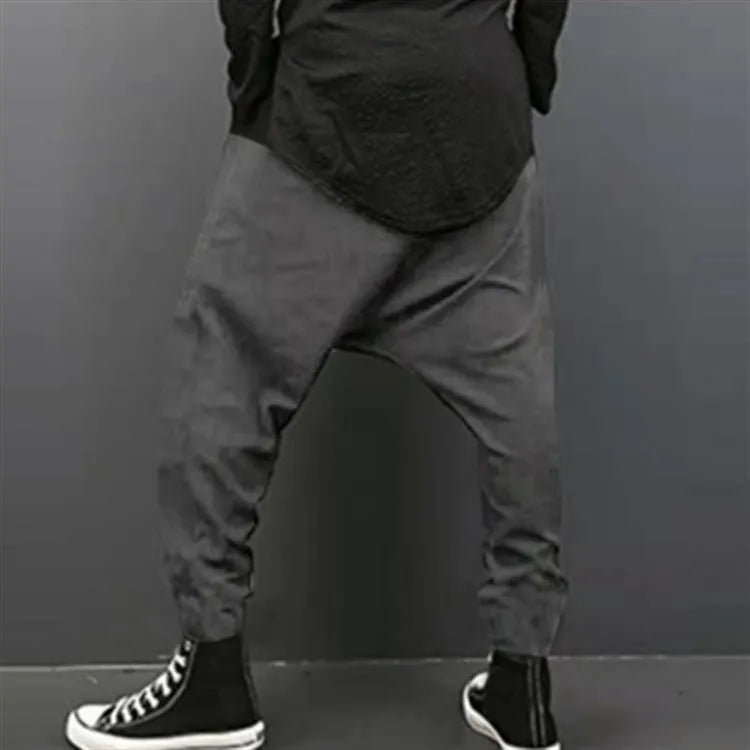 Loose harem pants in black, grey, and light grey cotton with drop crotch and baggy fit