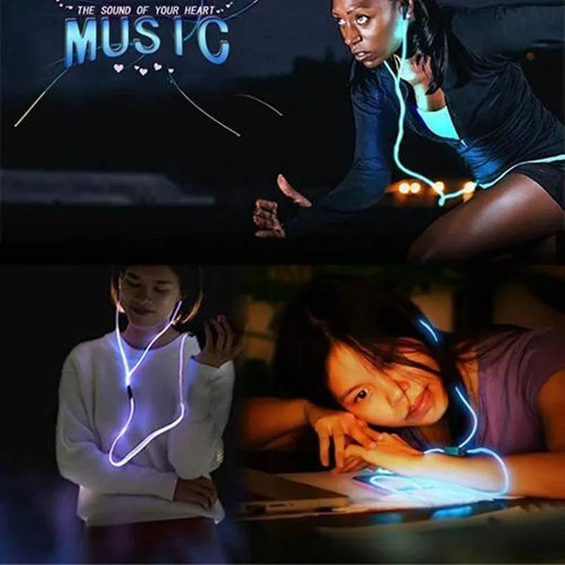 Magic Light LED Earphones with 3-4 hours of light-up music time, compatible with iPhone, Samsung, and most 3.5mm audio devices, featuring aluminium alloy shells and a built-in 200mAh lithium-ion battery.