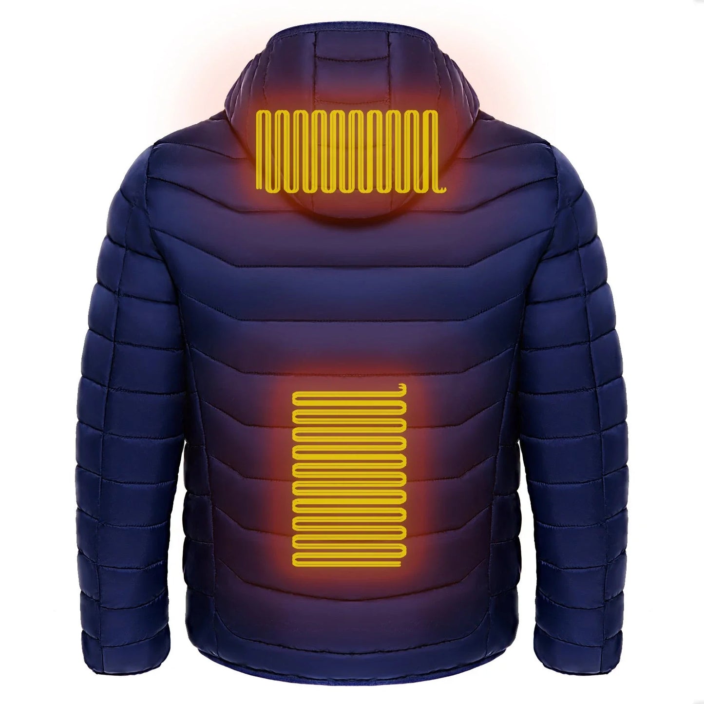 A warm, insulated puffer jacket with strategically placed heating elements to keep skiers cozy on the slopes.