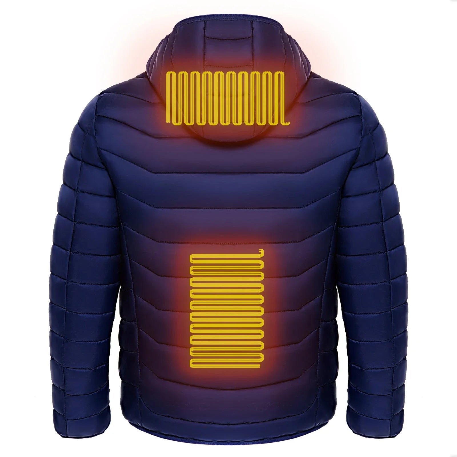 A warm, insulated puffer jacket with strategically placed heating elements to keep skiers cozy on the slopes.