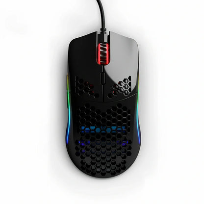 Black matte gaming mouse with hole design showing RGB lighting and ergonomic shape for right-handed use