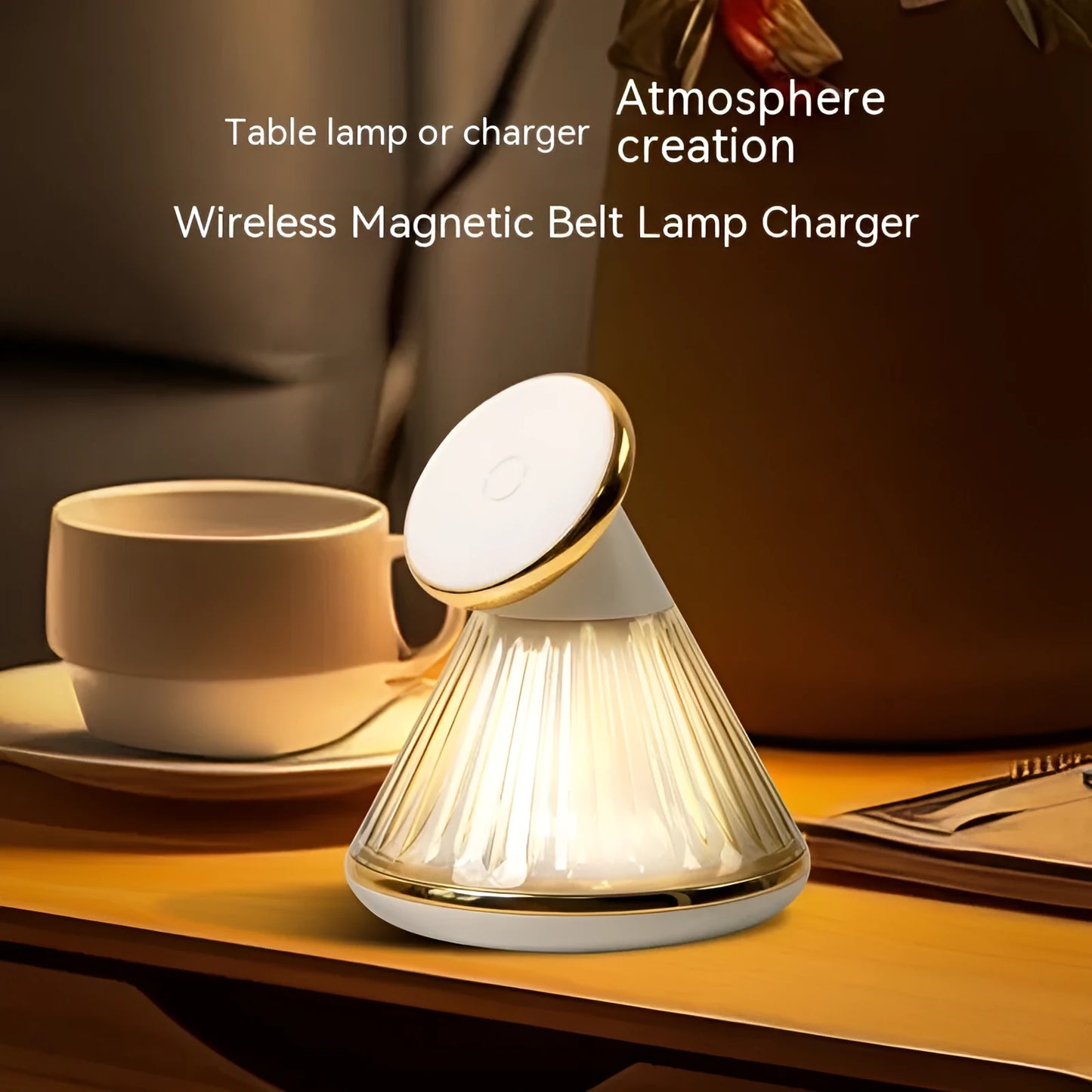 Night table lamp with integrated wireless charging seat in champagne gold or metallic gun colour finish